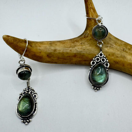 Vintage Labradorite Dangle Earrings Sterling Silver Design Statement Leverbacks