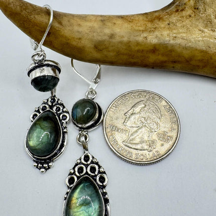 Vintage Labradorite Dangle Earrings Sterling Silver Design Statement Leverbacks
