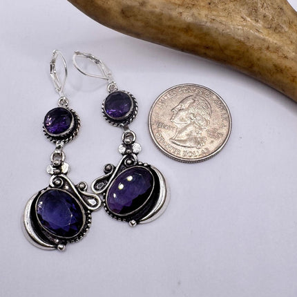 Vintage Purple Amethyst Dangle Earrings Sterling Silver Design Statement Leverbacks