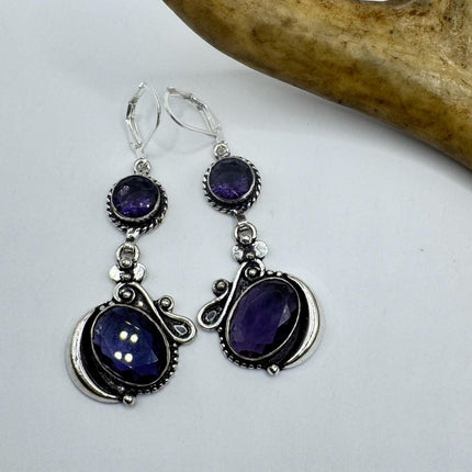 Vintage Purple Amethyst Dangle Earrings Sterling Silver Design Statement Leverbacks