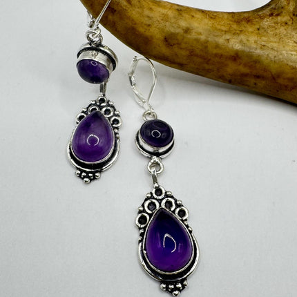 Vintage Purple Amethyst Dangle Earrings Sterling Silver Design Statement Leverbacks