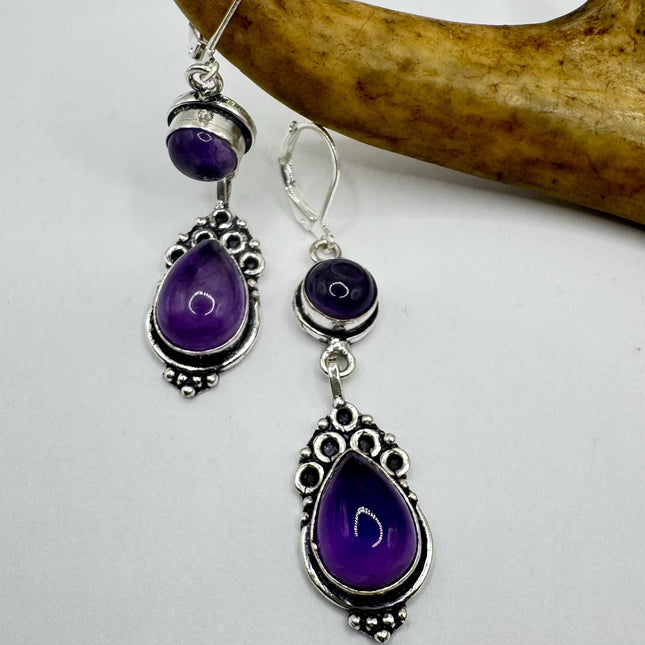 Vintage Purple Amethyst Dangle Earrings Sterling Silver Design Statement Leverbacks