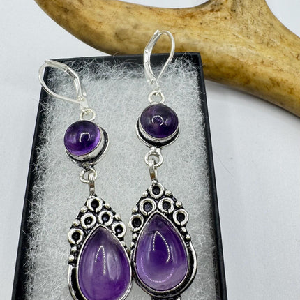 Vintage Purple Amethyst Dangle Earrings Sterling Silver Design Statement Leverbacks