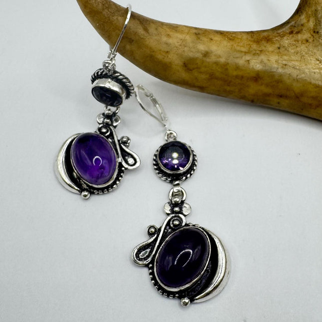 Vintage Purple Amethyst Dangle Earrings Sterling Silver Design Statement Leverbacks