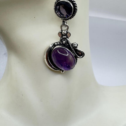 Vintage Purple Amethyst Dangle Earrings Sterling Silver Design Statement Leverbacks