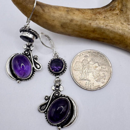 Vintage Purple Amethyst Dangle Earrings Sterling Silver Design Statement Leverbacks