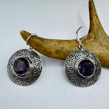 Vintage Purple Amethyst Glass Dangle Earrings Sterling Silver Design Statement Leverbacks