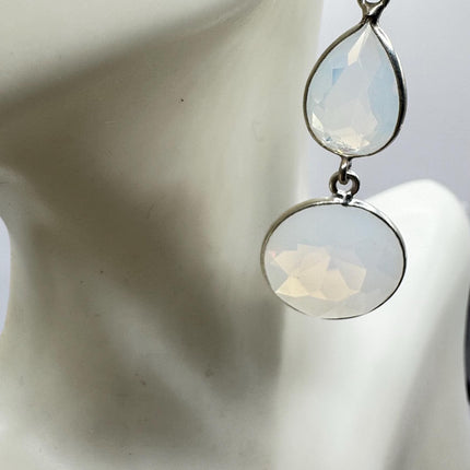 Vintage White Opal Glass Dangle Earrings Sterling Silver Design Statement Leverbacks