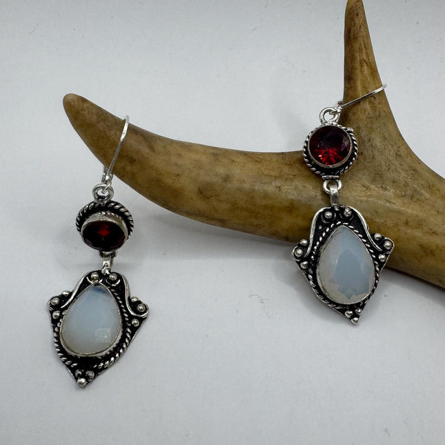 Vintage White Opal Glass Ruby Glass Dangle Earrings Sterling Silver Design Statement Leverbacks
