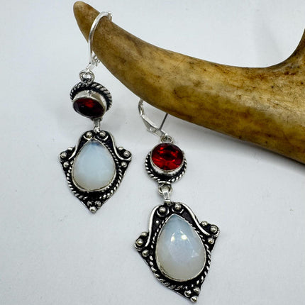 Vintage White Opal Glass Ruby Glass Dangle Earrings Sterling Silver Design Statement Leverbacks