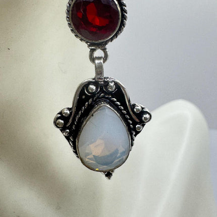 Vintage White Opal Glass Ruby Glass Dangle Earrings Sterling Silver Design Statement Leverbacks