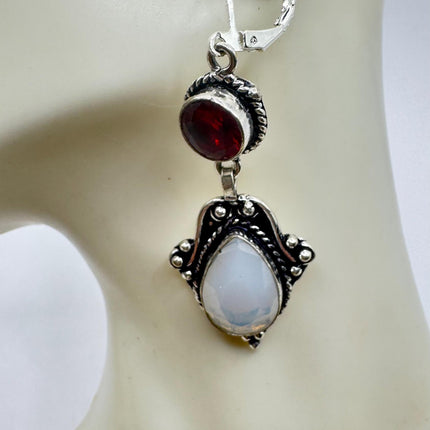 Vintage White Opal Glass Ruby Glass Dangle Earrings Sterling Silver Design Statement Leverbacks