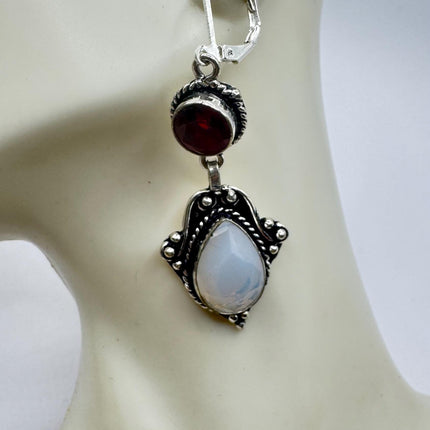 Vintage White Opal Glass Ruby Glass Dangle Earrings Sterling Silver Design Statement Leverbacks