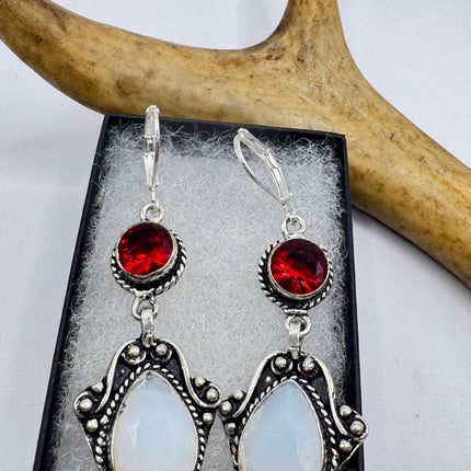 Vintage White Opal Glass Ruby Glass Dangle Earrings Sterling Silver Design Statement Leverbacks