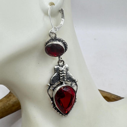 Vintage Red Ruby Glass Dangle Earrings Sterling Silver Design Statement Leverbacks
