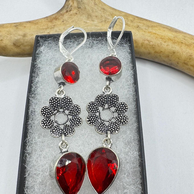 Vintage Red Ruby Glass Dangle Earrings Sterling Silver Design Statement Leverbacks