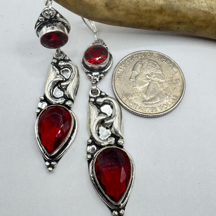 Vintage Red Ruby Glass Dangle Earrings Sterling Silver Design Statement Leverbacks