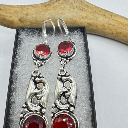Vintage Red Ruby Glass Dangle Earrings Sterling Silver Design Statement Leverbacks