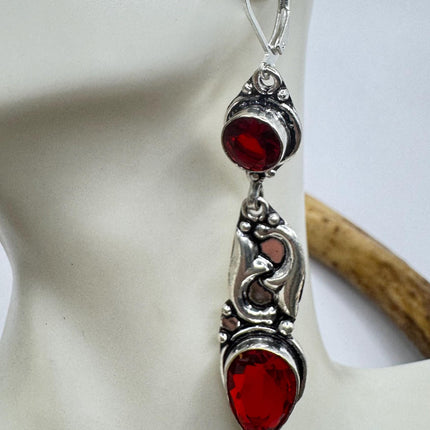 Vintage Red Ruby Glass Dangle Earrings Sterling Silver Design Statement Leverbacks