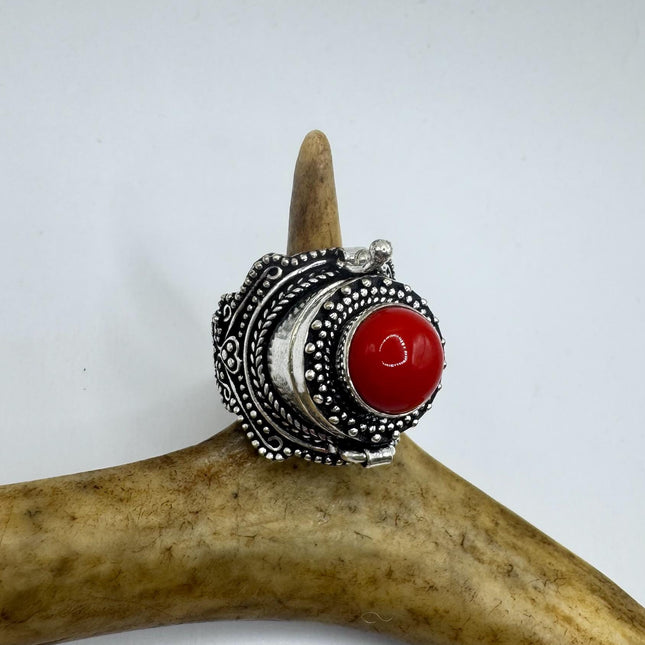 Vintage Poison Ring Red Coral Gemstone Set in Silver Bronze Pill Box Band | Unique Gift Statement Boho-Rings-TomWayne Jewelers