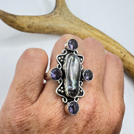 Vintage Grey Biwa Pearl Blue Iolite Cocktail Ring Silver Bronze Setting
