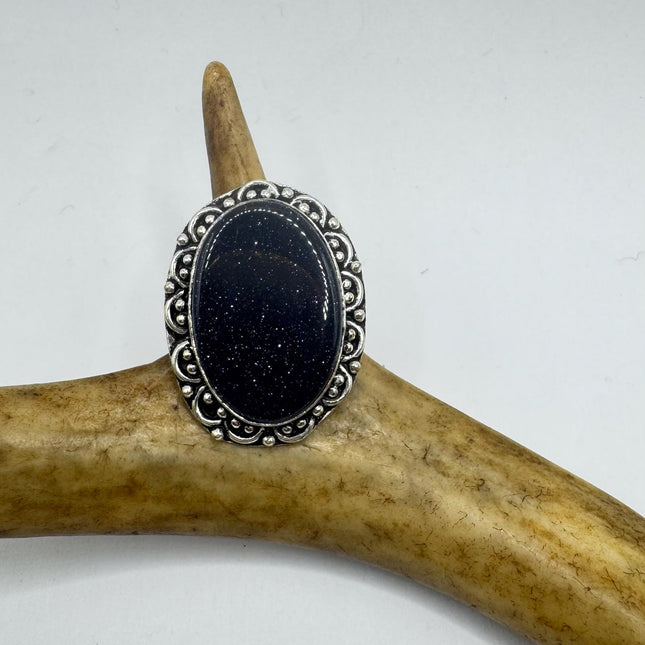 Vintage Black Sandstone Boho Statement Ring Detailed Silver Finished Bronze