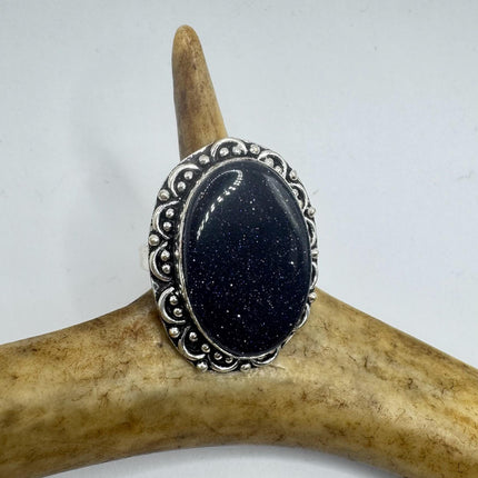 Vintage Black Sandstone Boho Statement Ring Detailed Silver Finished Bronze