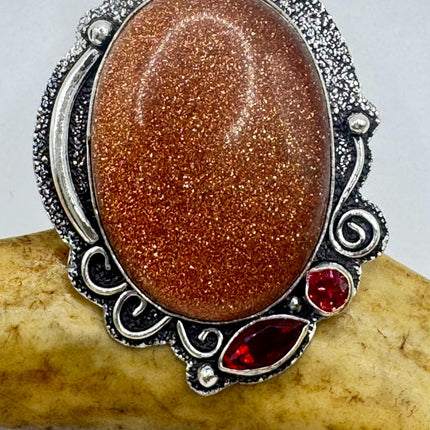 Vintage Gold Sandstone Boho Statement Ring Detailed Silver Finished Bronze