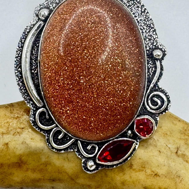 Vintage Gold Sandstone Boho Statement Ring Detailed Silver Finished Bronze