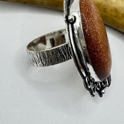 Vintage Gold Sandstone Boho Statement Ring Detailed Silver Finished Bronze