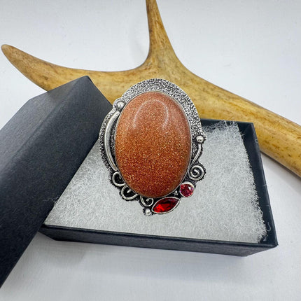 Vintage Gold Sandstone Boho Statement Ring Detailed Silver Finished Bronze