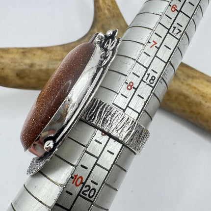 Vintage Gold Sandstone Boho Statement Ring Detailed Silver Finished Bronze