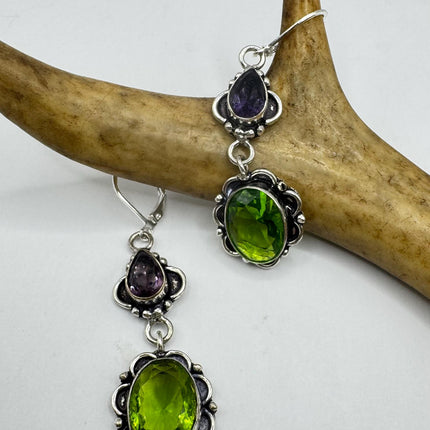 Vintage Green Peridot Glass Silver Earrings | 925 sterling Silver Lever Backs