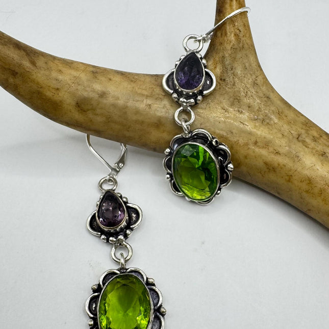 Vintage Green Peridot Glass Silver Earrings | 925 sterling Silver Lever Backs