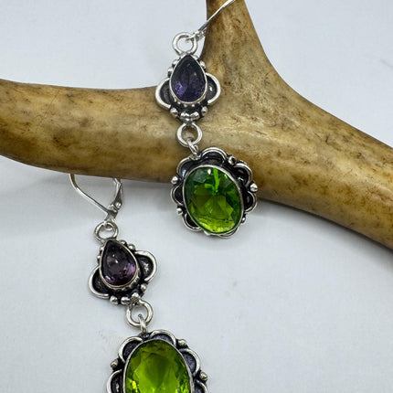 Vintage Green Peridot Glass Silver Earrings | 925 sterling Silver Lever Backs