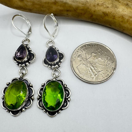Vintage Green Peridot Glass Silver Earrings | 925 sterling Silver Lever Backs