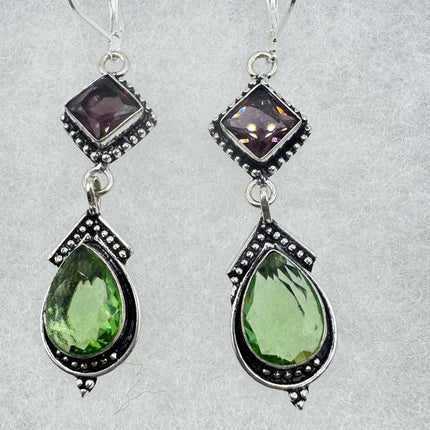 Vintage Green Peridot Glass Silver Earrings | 925 sterling Silver Lever Backs