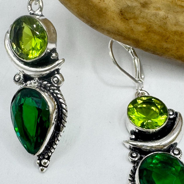 Vintage Green Peridot Glass Silver Earrings | 925 sterling Silver Lever Backs