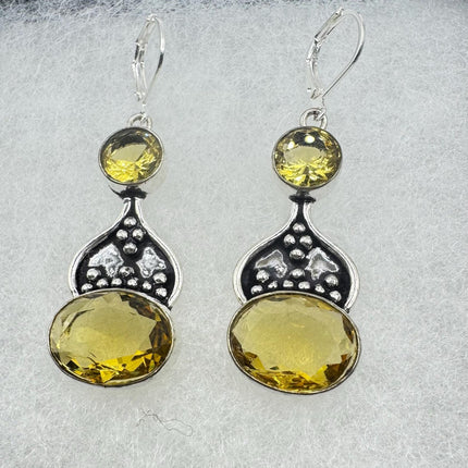 Vintage Yellow Citrine Glass Silver Earrings | 925 sterling Silver Lever Backs