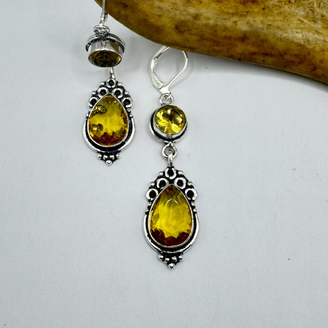 Vintage Yellow Citrine Glass Silver Earrings | 925 sterling Silver Lever Backs