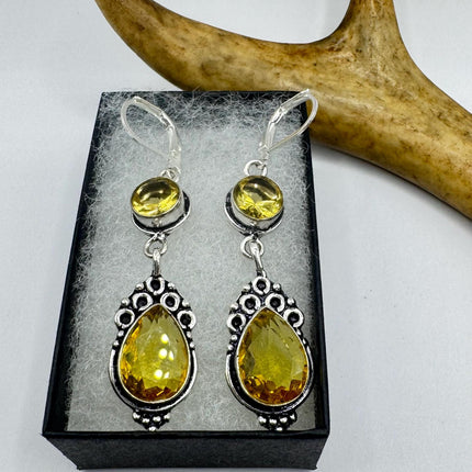 Vintage Yellow Citrine Glass Silver Earrings | 925 sterling Silver Lever Backs