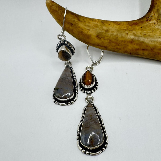Vintage Tigers Eye Dangle Earrings Sterling Silver Design Statement Leverbacks