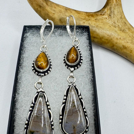Vintage Tigers Eye Dangle Earrings Sterling Silver Design Statement Leverbacks