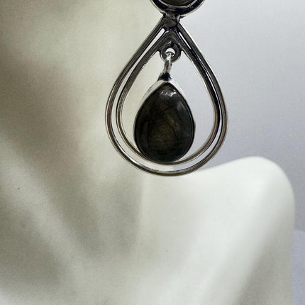 Vintage Labradorite Dangle Earrings Sterling Silver Design Statement Leverbacks
