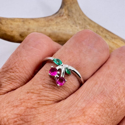 Vintage Silver Cherry Ring | Red Ruby Cherry Green Chrome Diopside Gemstone 925 Sterling Silver Antique Wedding Engagement