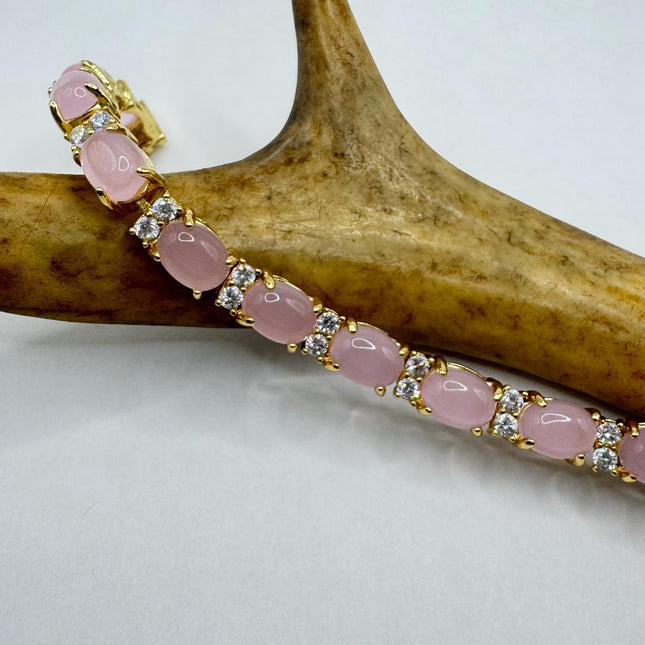 Vintage Pink Rose Quartz Lucky Bracelet in Golden Bronze - Prosperity, Love and good health