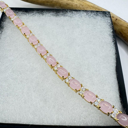 Vintage Pink Rose Quartz Lucky Bracelet in Golden Bronze - Prosperity, Love and good health