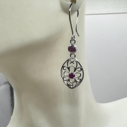 Vintage Red Ruby Crystal Flower 925 Sterling Silver Drop Dangle Earrings