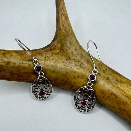 Vintage Red Ruby Crystal Flower 925 Sterling Silver Drop Dangle Earrings