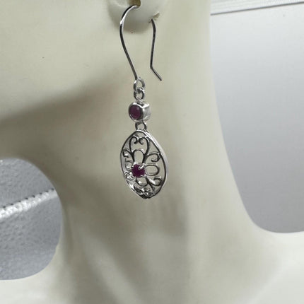 Vintage Red Ruby Crystal Flower 925 Sterling Silver Drop Dangle Earrings